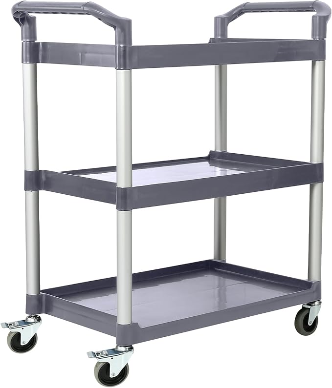3-Tier Utility Rolling Cart with Wheels, Durable Catering carts with Wheels, Rolling Storage Cart for Hotel Canteen Resturant Office (Gray, 31.4" D x 16.5" W x 37.7" H)