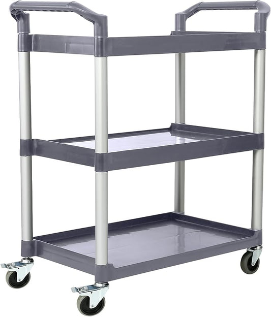 3-Tier Utility Rolling Cart with Wheels, Durable Catering carts with Wheels, Rolling Storage Cart for Hotel Canteen Resturant Office (Gray, 31.4" D x 16.5" W x 37.7" H)