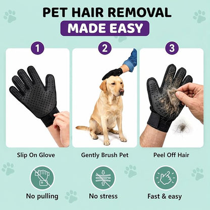 Pet Hair Remover Roller with 2 Grooming Gloves – Reusable Lint Remover for Dogs and Cats (Purple)
