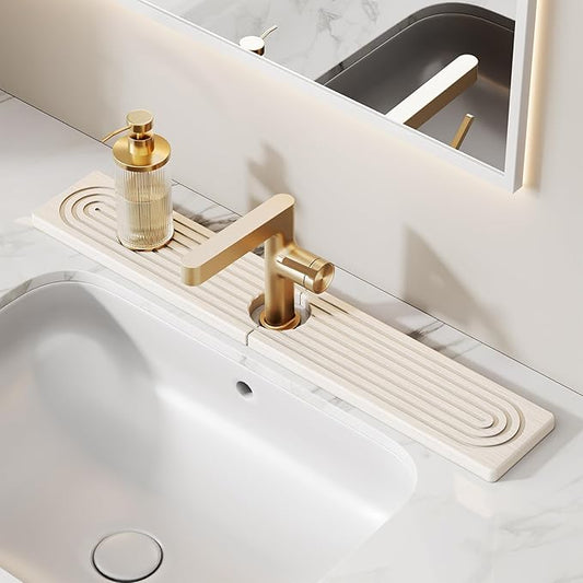 23.6 Inch Stone Faucet Mat for Kitchen Sink Splash Guard, Diatomite Sink Protectors for Kitchen Sinks Behind Faucet, Quick Dry Water Absorbing Stone Tray , Drip Catcher (White, 23.6" x 3.9")