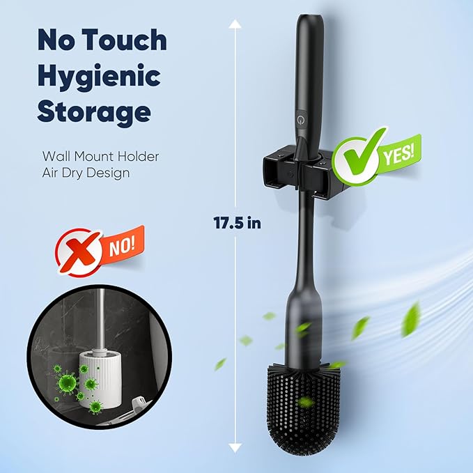 EKZ Electric Toilet Brush with UV Stain Detection, High-Torque Deep Cleaning, Dual-Speed 80/200 RPM, Silicone Brush Head, Wall-Mounted Holder, Type-C Rechargeable, Black
