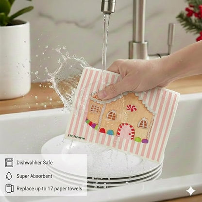 Holiday Christmas Swedish Dishcloth – Reusable Paper Towel Alternative, Ultra-Absorbent Cellulose/Cotton, Machine Washable & Compostable (Gingerbread House, 1-Pack)