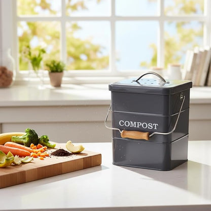 Compost Bin Kitchen Countertop Indoor Compost Pail Bucket, Great for Food Scraps, Carbon Steel, Handles, Gray, 1 Gallon - Includes Charcoal Filter