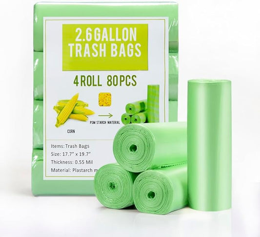 Jaoul Trash Bags 2.6 Gallon, Small Garbage Bags, Strong & Unscented Mini Trash Bags for Kitchen, Bathroom, Office, Restroom, Car, Green, 80 Counts