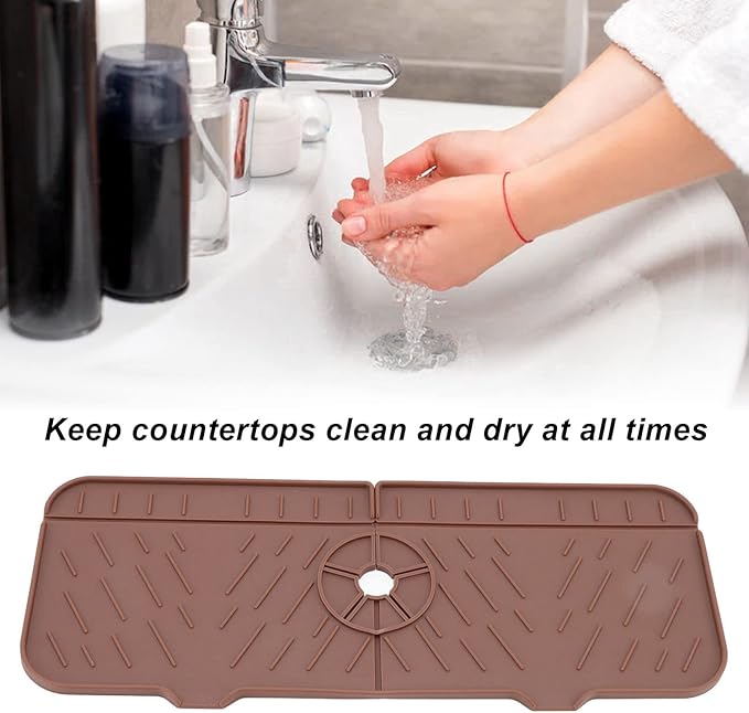 OUKENS Sponge Holder, Brown Silicone Washable Countertop Water Absorbent Faucet Mat for Kitchen Sink, Bathroom, RV, Reusable Splash Guard & Drip Catcher Tray