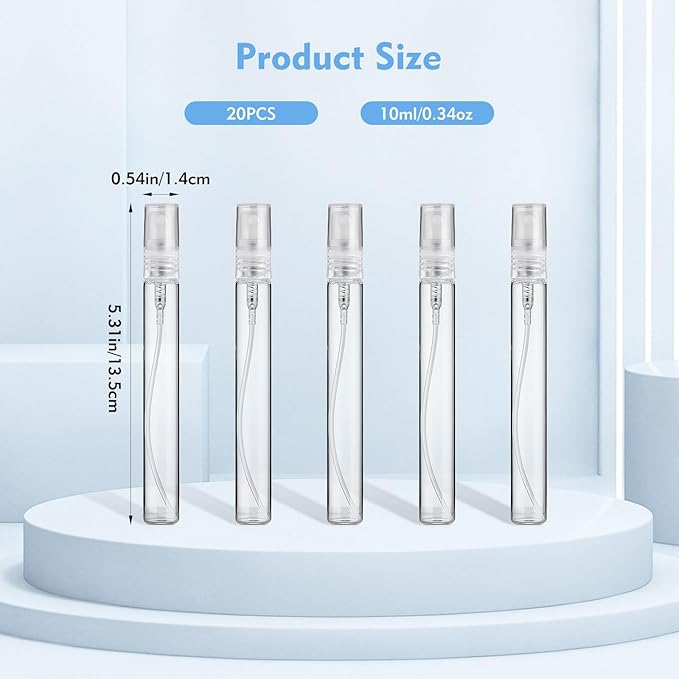 Mini Spray Bottle 10ml, 20 Pack 10ml Refillable Glass Spray Bottle Empty, Fine Mist Refillable Mini Perfume Bottle, Glass Bottle Perfume Atomizer, Small Empty Sample Containers, Clear