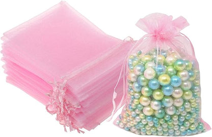 100 Pcs 5x7 inches Gift Wrap Bags Pink, Organza Sheer See Through Fabric, Drawstring Satin Ribbon Pouches for Baby Shower Favor, Party Wedding Favors Decoration, Card Deck, Jewelery, Boys Holiday Gift