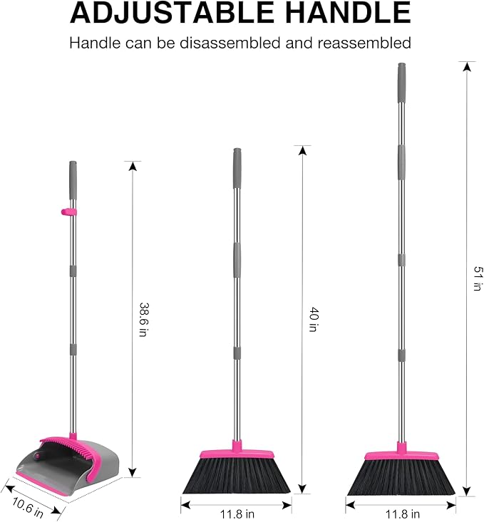 NACENA Broom and Dustpan Set, 52-in Long Adjustable Handle Broom Dustpan Combo with Dustpan Teeth to Automatically Clean Hair Suitable for Home Kitchen Office Hall Floor（Grey&Rose）