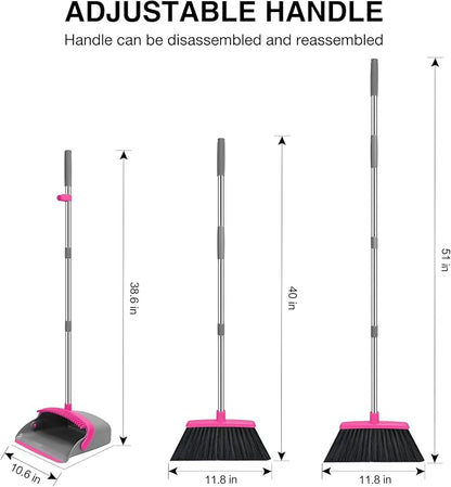 NACENA Broom and Dustpan Set, 52-in Long Adjustable Handle Broom Dustpan Combo with Dustpan Teeth to Automatically Clean Hair Suitable for Home Kitchen Office Hall Floor (Grey&Rose), 4 Pack