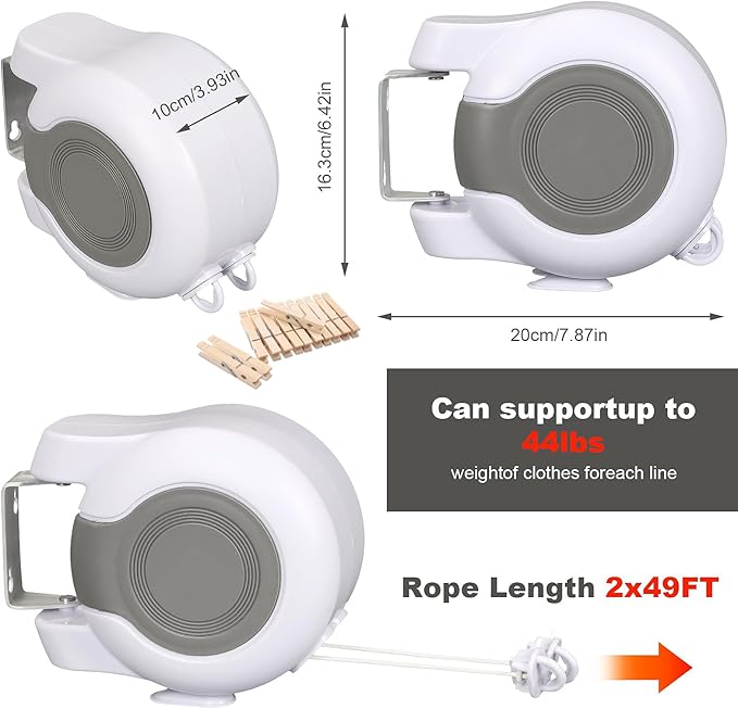 Retractable Clothesline Outdoor - 2x49 Feet Heavy Duty Dual Clotheslines for Outside Laundry Drying, Wall-Mounted & Portable Installation