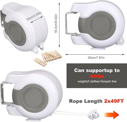 Retractable Clothesline Outdoor - 2x49 Feet Heavy Duty Dual Clotheslines for Outside Laundry Drying, Wall-Mounted & Portable Installation