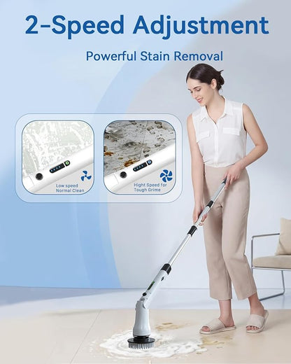 Electric Spin Scrubber, Hillyfe Bathroom Scrubber Electric with 7 Replaceable Brush Heads, IPX7 Waterproof,300/400 RPM, 3 Adjustable Length,Scrubber Brush Electric for Bathtub Floor,White