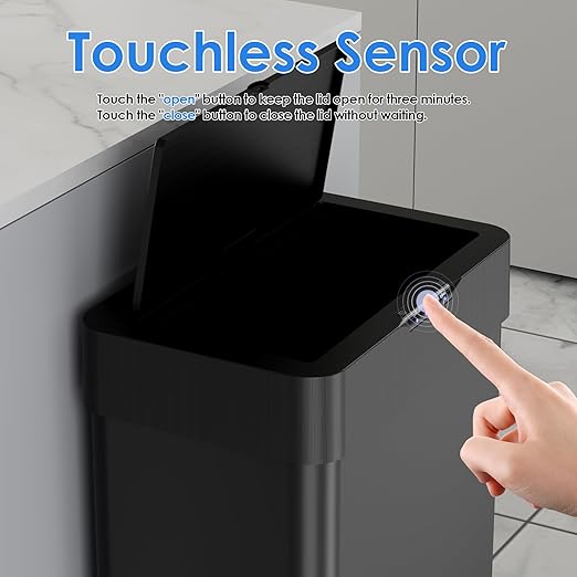 Sensor Trash Can, Touchless Motion Sensor Trash Bin, Smart Automatic Garbage Can with Soft-Close Lid, Bag Retainer Ring and Display Light,for Kitchen,Living Room Office (Black, 16 Gal)