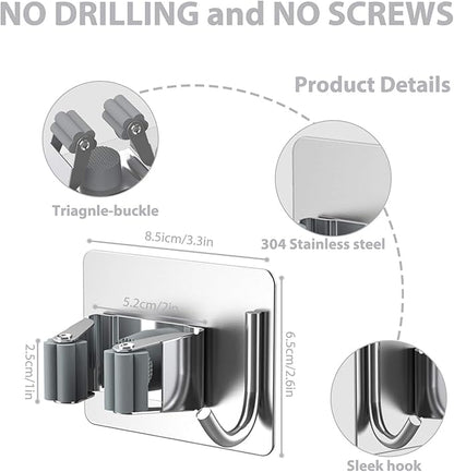 homeasy Mop Broom Holder No Drill, Mop Broom Organizer Wall Mounted Heavy Duty with Hooks Hanger, Self Adhesive Stainless Steel 6Pcs for Bathroom, Kitchen, Office (Silver)