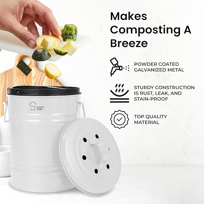 Chef's Star Countertop Compost Bin, Indoor Compost Bin, Small Composter, White, 0.8 Gallon, Metal