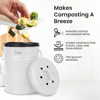 Chef's Star Countertop Compost Bin, Indoor Compost Bin, Small Composter, White, 0.8 Gallon, Metal