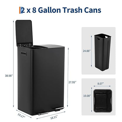 Dual Compartment Trash Can, 2 x 5.3 Gallon / 20L Stainless Steel Recycling Bin with Soft-Close Lid, Foldable Foot Pedal, Odor-Sealing Waste Sorter for Kitchen Office Bedroom