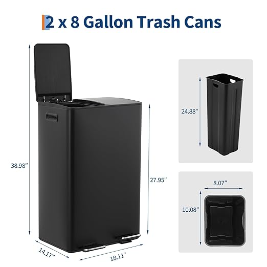 GarveeLife 60L Dual Compartment Trash Can, Stainless Steel Kitchen Recycling Bin with Lid, Soft Close & Odor Control Step Trash Can with 2 Removable Inner Buckets, Black