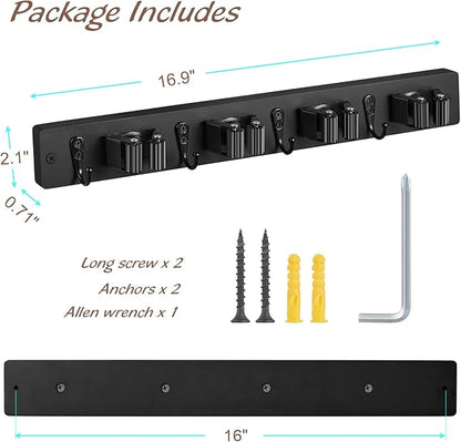 OUTNILI Black Mop Broom Holder Wall Mount with 4 Slots & 4 Hooks - Rustic Wood Broom Mop Hanger for Pantry Closet Laundry Room Organization - Heavy Duty Garden Tool Organizer - Black Kitchen Decor