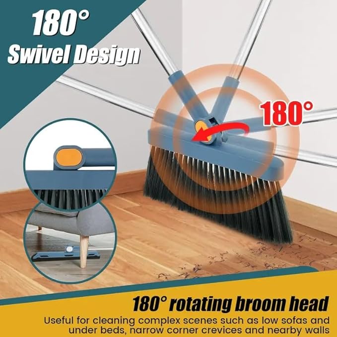 2-in-1 Broom with Dustpan Combo Set,Long Handle Broom Dustpan Combo with Dustpan Teeth to Automatically Clean Hair for Home, Indoor or Outdoor Cleaning Hall Floor (Blue)