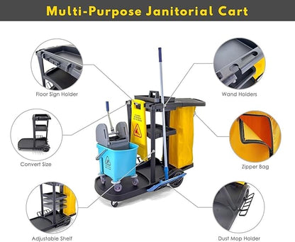 Durable Commercial Janitorial Cleaning Cart Caddy with Wheels Cover - 3 Shelves, Vinyl Bag L 52" x W 22" x H 40" Heavy Duty, Black for Housekeeping Office, Stores, Schools