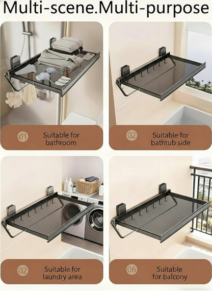 Retractable Wall Mounted Bathroom Clothes Rack with Foldable Towel Bar,6 Movable Hooks and Underwear Drying Net,Space Saving Organizer (Gray)