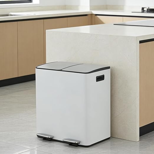 40L Dual Compartment Trash Can, Stainless Steel Kitchen Recycling Bin with Lid, Odor Control Soft Close Step Trash Can, Fingerprint Resistant Garbage Can with 2 Removable Inner Buckets, White