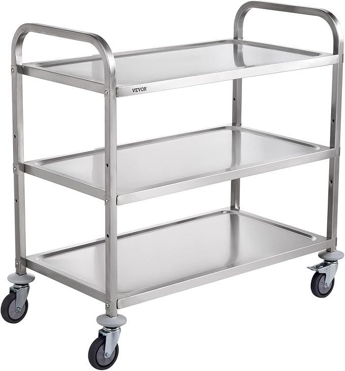 VEVOR Kitchen Utility Cart, 3 Tiers, Wire Rolling Cart with 220LBS Capacity, Steel Service Cart on Wheels, Metal Storage Trolley with 80mm Basket Curved Handle PP Liner 6 Hooks, for Indoor and Outdoor