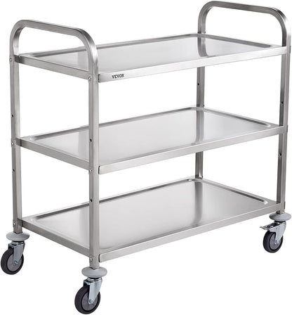 VEVOR Kitchen Utility Cart, 3 Tiers, Wire Rolling Cart with 220LBS Capacity, Steel Service Cart on Wheels, Metal Storage Trolley with 80mm Basket Curved Handle PP Liner 6 Hooks, for Indoor and Outdoor