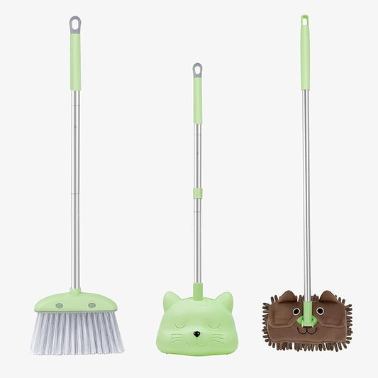 28'' Kids Mini Broom with Dustpan & Mop Set - Toddler Cleaning Toy, Toddler Household Helper, Parent-Child Interactive Play Cleaning Tool, Cute Cartoon Design, Small Safe Corner Broom (Green)