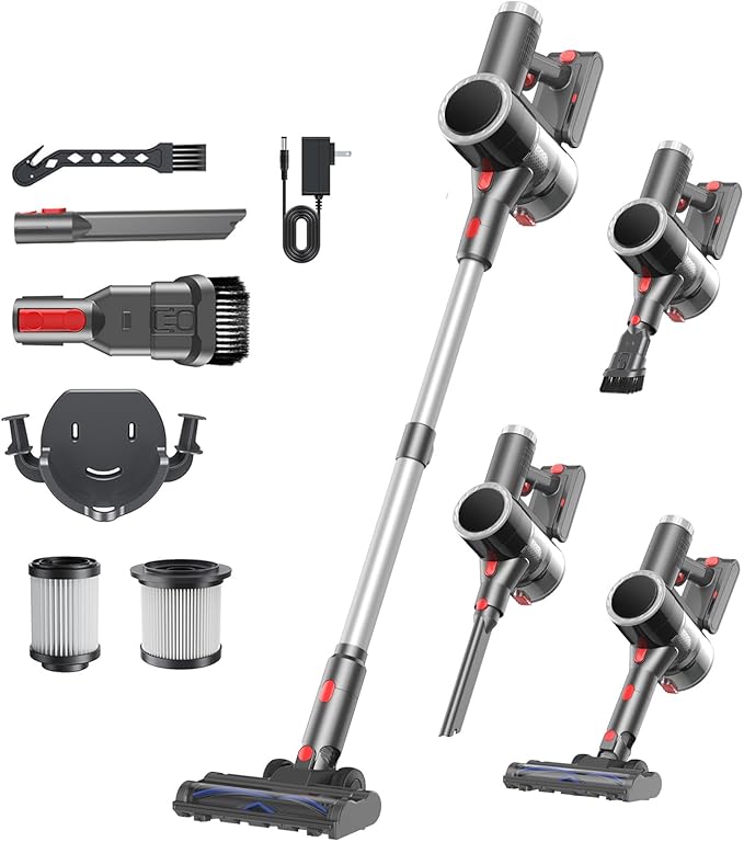 Cordless Vacuum Cleaner, Stick Vacuum Rechargeable, 550W 45KPA Powerful Suction Lightweight Vacuum Cleaners for Home, Anti-Tangle, Self Standing for Pet Hair Hardwood Floor Carpet - Sliver