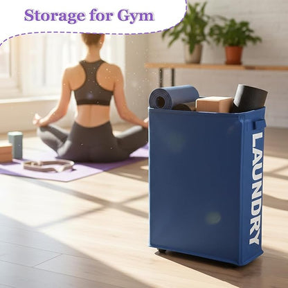 Narrow Laundry Basket with Wheels, 42L Slim Rolling Laundry Hamper with Brake, Collapsible Dirty Clothes Hamper with Mesh Cover & Handle, Storage Bin for Dorm, RV, Small Spaces, Navy Blue