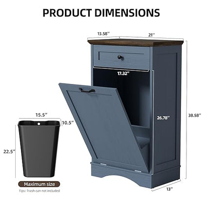AHB 13 Gallons Tilt Out Trash Cabinet Hidden Trash Can Cabinet Freestanding Garbage Recycling Cabinet with Hideaway Drawer Pet Proof Trash Bin for Kitchen Living Room, Blue