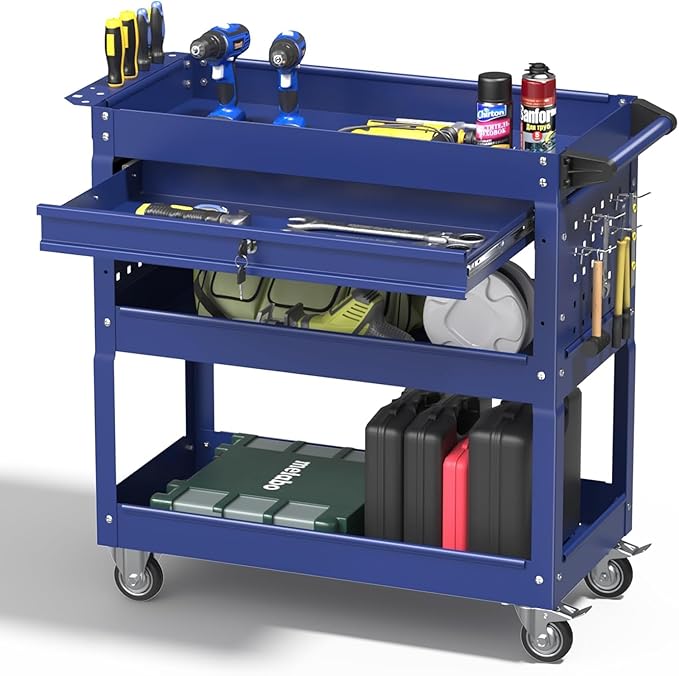 3 Tray Rolling Tool Cart with Drawers, 400 LBS Capacity Mechanic Tool Cart on Wheels, Heavy Duty Utility Cart with Pegboard, Metal Work Cart for Garage and Repair Shop, Blue