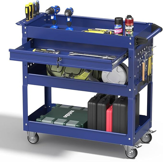 3 Tray Rolling Tool Cart with Drawers, 400 LBS Capacity Mechanic Tool Cart on Wheels, Heavy Duty Utility Cart with Pegboard, Metal Work Cart for Garage and Repair Shop, Blue