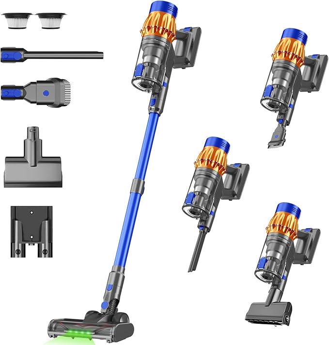 Cordless Stick Vacuum Cleaner, 650W 55KPA Up to 70Min Runtime, Green Light Anti-Tangle Brush, 7-Stage HEPA Filtration, Lightweight for Pet Hair Carpet Hard Floors (Blue)