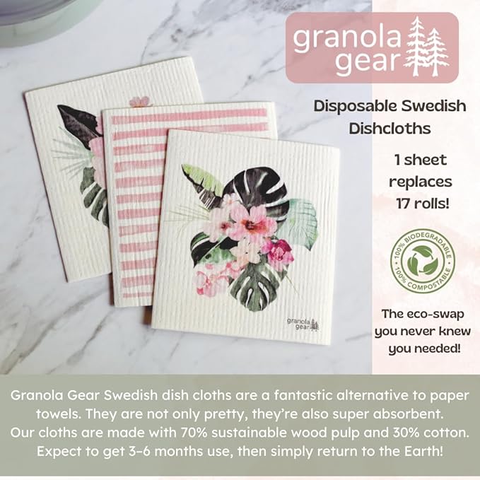 Swedish Dishcloths for Kitchen 6-Pack Reusable Paper Towels, Eco-Friendly, Compostable, Biodegradable Dish Wash Cloths, Washable Sponge, Watercolor Flower Art-Tropic Like It's Hot