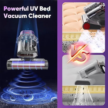 RAINPOT Saker Powerful UV Bed Vacuum Cleaner, 5-Cyclone Cordless Vacuum with Digital Display, 14kPa Strong Suction HEPA Filter, Portable Hand Vac for Mattress Carpet Pet Hair