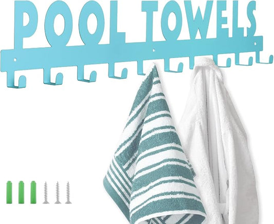 IBosins Large Pool Towel Rack with 10 Hooks, Towel Holder Wall Mounted for Outdoor, Towel Hanger for Hanging Bathrobes, Towels, Clothes - Perfect Pool Area Outside Sign and Decor (Blue)