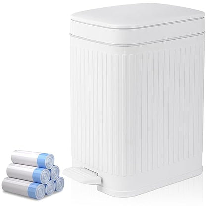 rejomiik Small Bathroom Trash Can with Lid 1.9 Gallon Step Trash Can Slim Garbage Can with Soft-Close Waste Bin for Bathroom, Bedroom, Office, Dorm, RV, White