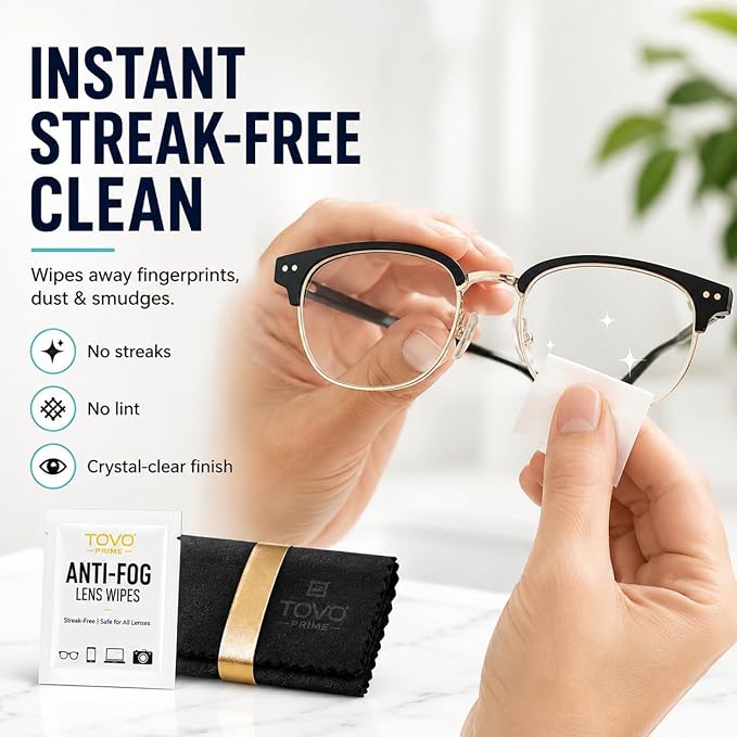 Anti Fog Wipes for Glasses, 200 Count Individually Wrapped Lens Cleaning Wipes, Pre-Moistened Eyeglass Cleaner for Sunglasses, Goggles, Phone & Screens + Microfiber Cloth, TOVO PRIME