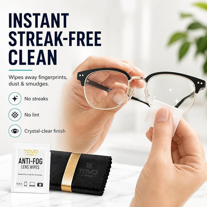 Anti Fog Wipes for Glasses, 200 Count Individually Wrapped Lens Cleaning Wipes, Pre-Moistened Eyeglass Cleaner for Sunglasses, Goggles, Phone & Screens + Microfiber Cloth, TOVO PRIME