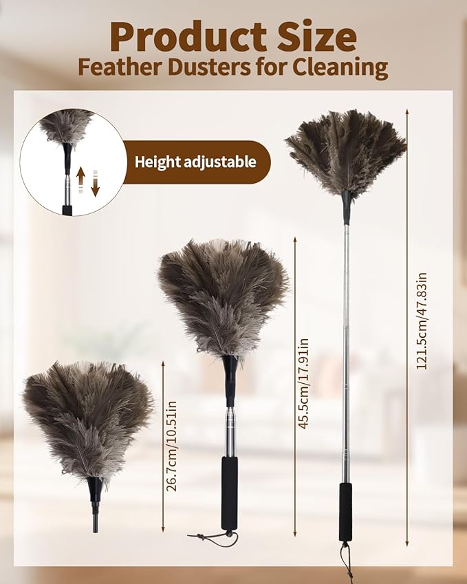 Ostrich Feather Duster, 18-48 Inch Extendable Feather Duster with Natural Fluffy Ostrich Feathers, Dusters for Cleaning Ceiling Fans, Blinds, High Ceilings, Furniture, Cars, Washable & Reusable