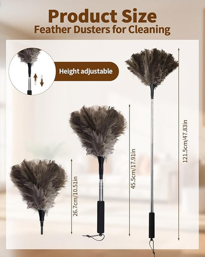 Ostrich Feather Duster, 18-48 Inch Extendable Feather Duster with Natural Fluffy Ostrich Feathers, Dusters for Cleaning Ceiling Fans, Blinds, High Ceilings, Furniture, Cars, Washable & Reusable