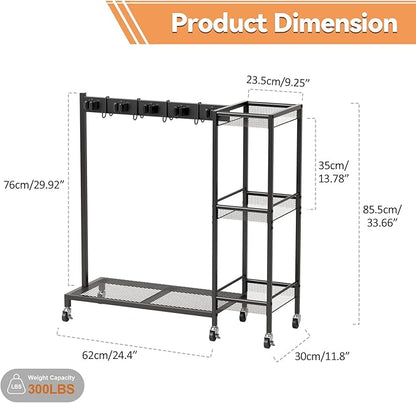 Heavy Duty Rolling Storage Cart & Cleaning Caddy - Freestanding Broom and Mop Organizer, 3-Tier Utility Cart on Wheels for Laundry Room Organization and Storage, Garage & Home Organization Bl