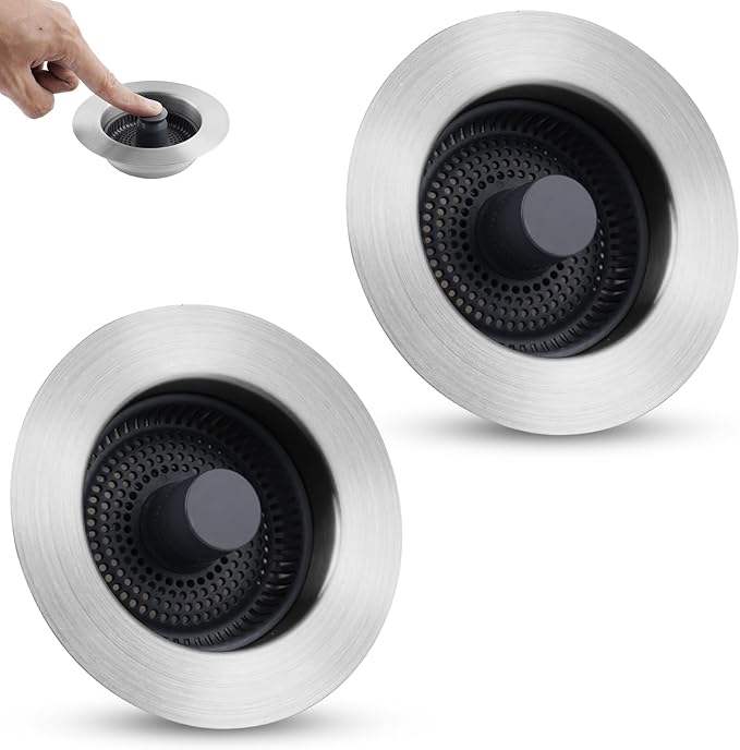 Universal 3 in 1 Kitchen Sink Stopper Strainer, 2PCS 304 Stainless Steel Pop Up Sink Drain Strainer with Handle Rod for US Standard 3-1/2 inch Drain Filter, Anti-Clog
