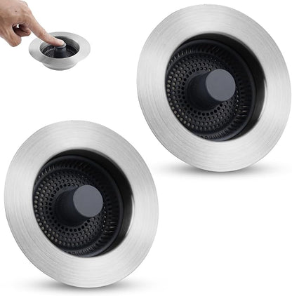 Universal 3 in 1 Kitchen Sink Stopper Strainer, 2PCS 304 Stainless Steel Pop Up Sink Drain Strainer with Handle Rod for US Standard 3-1/2 inch Drain Filter, Anti-Clog