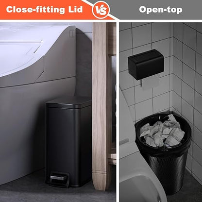 Bathroom Trash Can with Lid Slim 1.6 Gallon Stainless Steel Garbage Can with Removable Inner Bucket Soft Close Lid Durable Step Pedal Trash Bins for Toilet Bedroom Office (Matte Black, 1.6 Gallon)