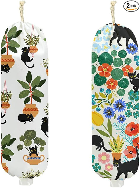 2Pcs Cat Plastic Bag Holder, Plant Wall Mount Grocery Bag Holder for Plastic Bags, Floral Reusable Grocery Bags Storage Dispenser for Home Kitchen Decor, Flower Gifts for Women Cat Lovers, 22.5x9 Inch