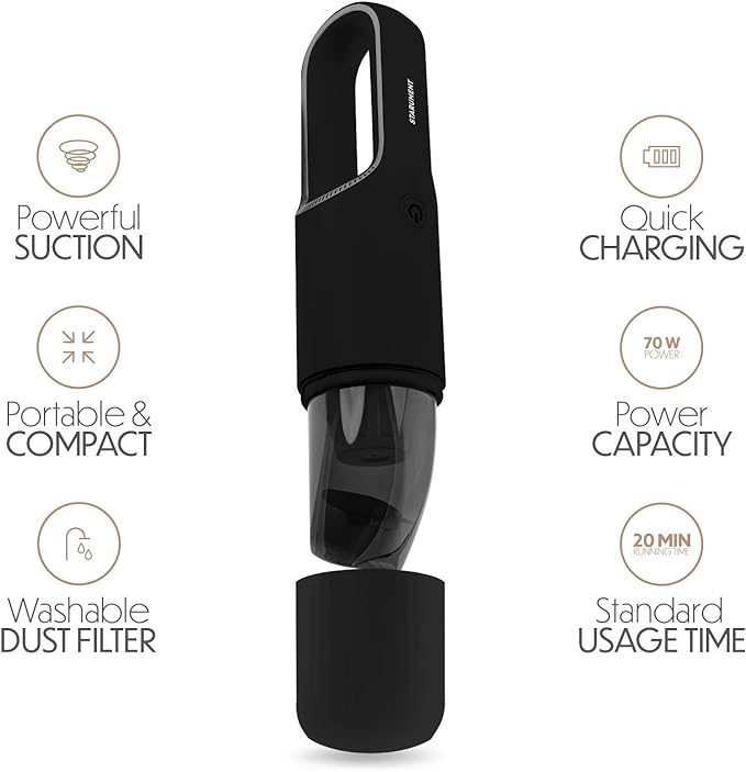 STARUMENT Portable Hand Vacuum Cleaner Handheld Cordless Cleaner for Dust Pet Hair Dirt Home Car Interior Lightweight, Easy to Use, Compact Design Battery Rechargeable with USB-C Cable - Black